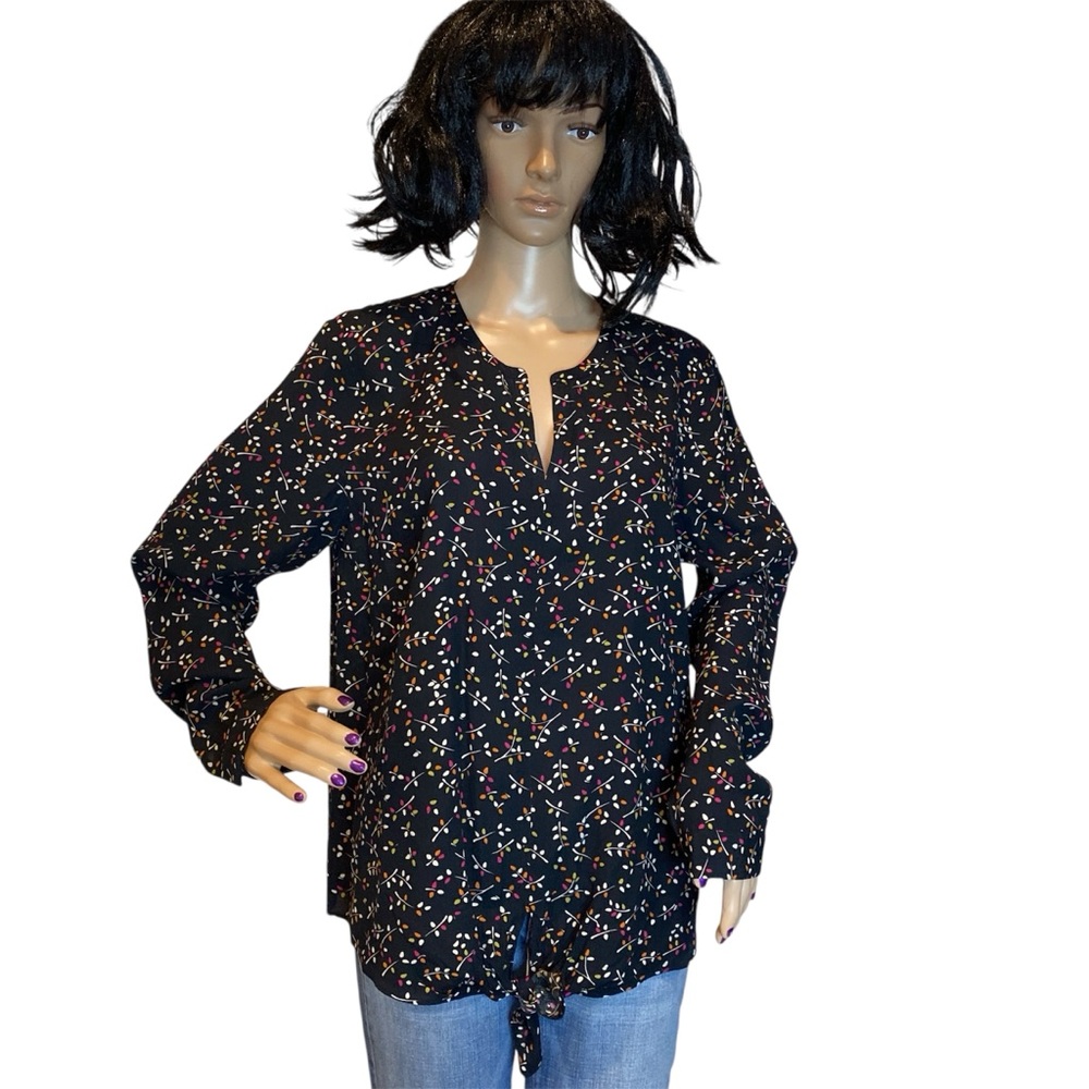 J. Jill Pink Ribbon Cheerful Leaves Tie-Front Blouse Top Black Size Medium EUC